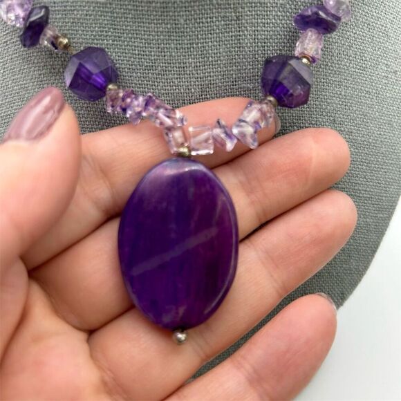 Vintage Faux Amethyst Pendant Necklace Faceted Glass and Quartz Beads 15" - Picture 2 of 10